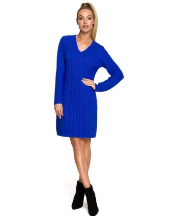 Rochie pulover  Cu decolteu in V, Acril, Nylon, Albastru