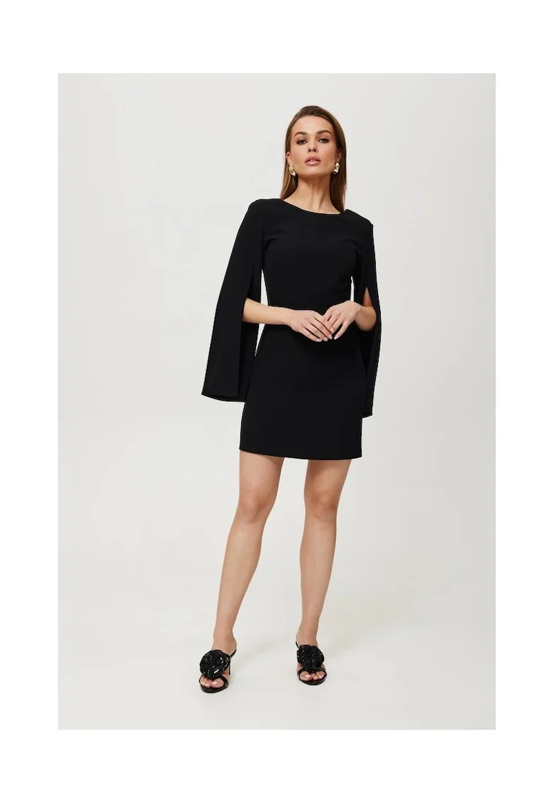 Rochie dama, cu maneci cu croiala, Poliester, Negru, Negru