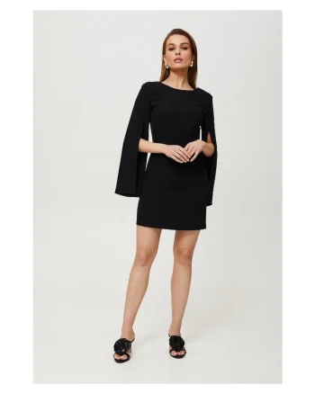Rochie dama, cu maneci cu croiala, Poliester, Negru, Negru