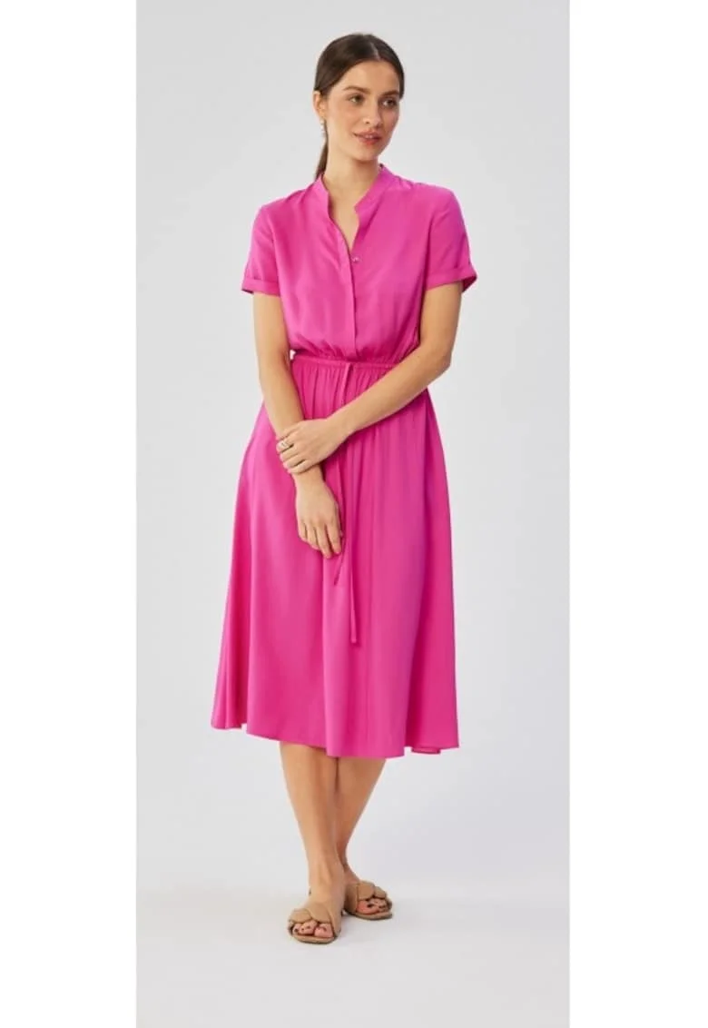 Rochie dama, cu guler inalt si cravata in talie, Poliester, Rosu, Liliac
