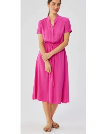 Rochie dama, cu guler inalt si cravata in talie, Poliester, Rosu, Liliac