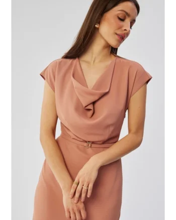 Rochie dama, asimetrica cu decolteu in cascada, Poliester, Portocaliu, Roz