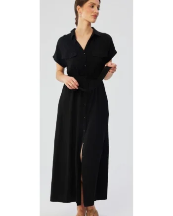 Rochie dama, maxi cu maneci scurte si maneci deschise, Poliester, Negru, Negru
