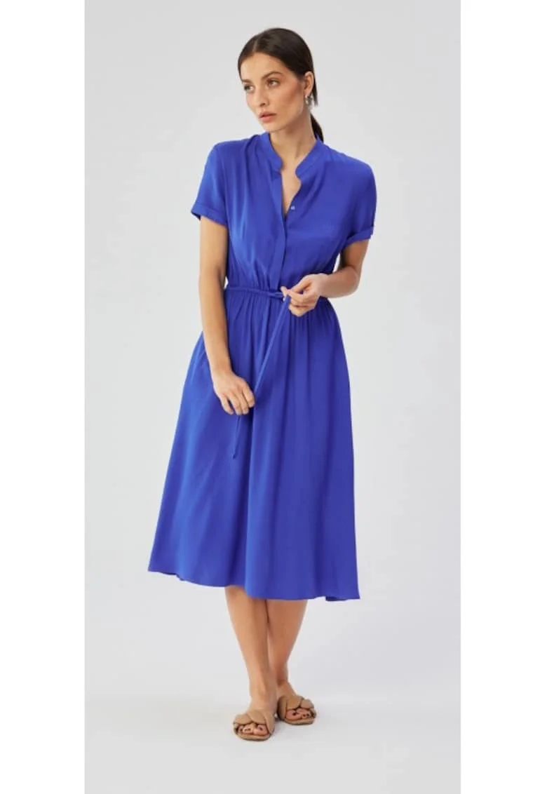 Rochie dama, cu guler inalt si cravata in talie, Poliester, Albastru, Albastru