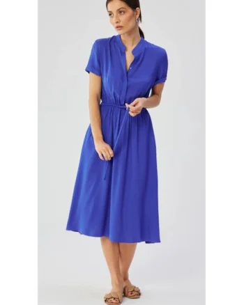 Rochie dama, cu guler inalt si cravata in talie, Poliester, Albastru, Albastru