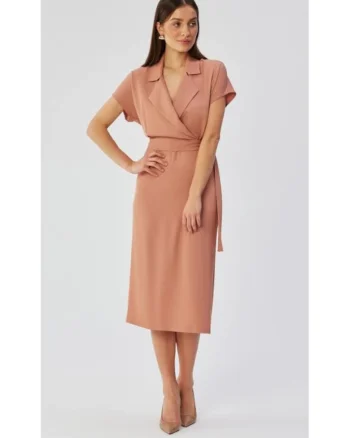 Rochie dama, midi cu guler, Poliester, 51658, Roz