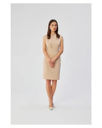 Rochie dama, cu un decolteu cu suprapunere fina, Poliester, Bej, Bej