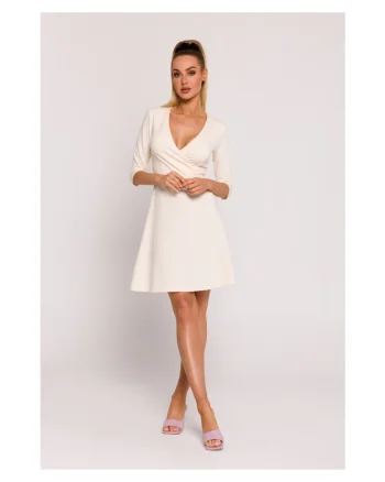 Rochie dama, cu partea de sus suprapusa, Poliester, Alb, Crem