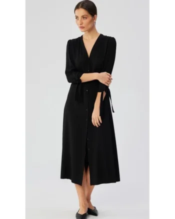 Rochie dama, midi cu mansete legate, Poliester, 54875, Negru