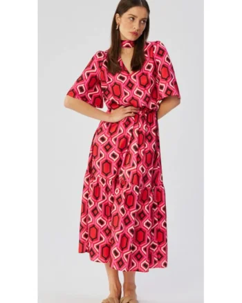 Rochie dama, maxi cu volane, Poliester, Rosu, Multicolor