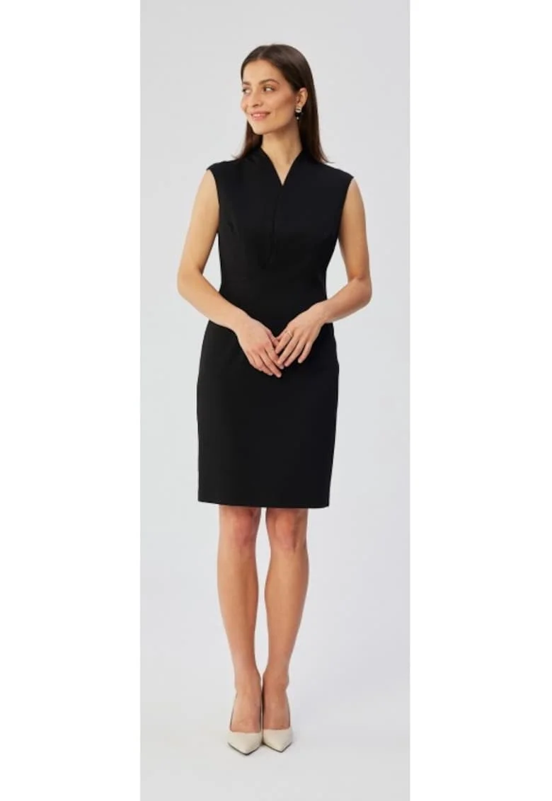 Rochie dama, cu un decolteu cu suprapunere fina, Poliester, 65498, Negru