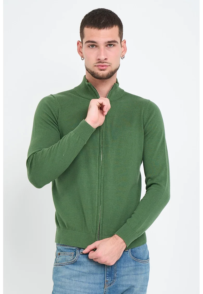 Bluza de trening cu model uni si fermoar, Verde aquamarin