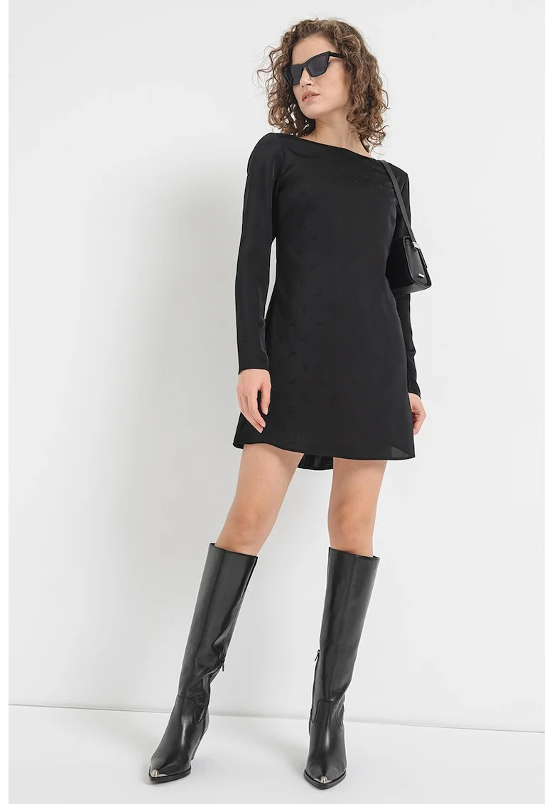 Rochie cu imprimeu logo si decolteu barcuta, Negru