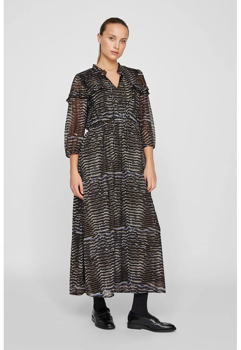 Rochie maxi cu maneci trei sferturi, Maro inchis/Gri deschis/Negru stins
