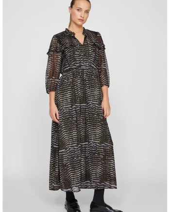 Rochie maxi cu maneci trei sferturi, Maro inchis/Gri deschis/Negru stins