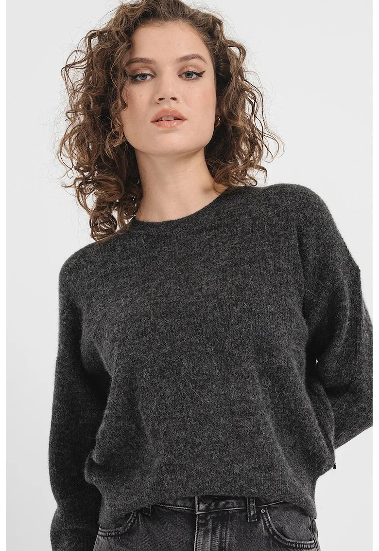Pulover regular fit cu decolteu la baza gatului, Gri inchis melange