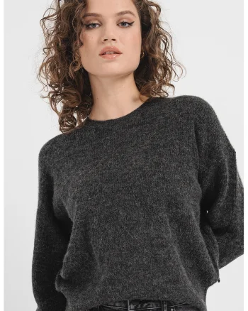 Pulover regular fit cu decolteu la baza gatului, Gri inchis melange