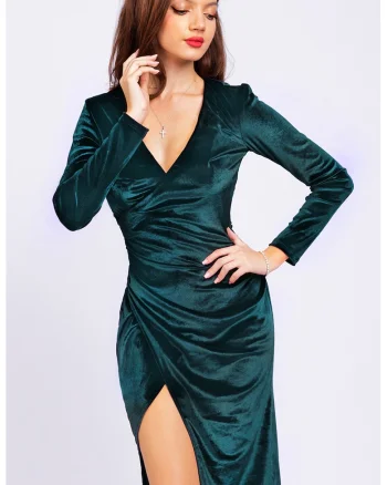Rochie cu model cambrat si slit lateral, Verde persan