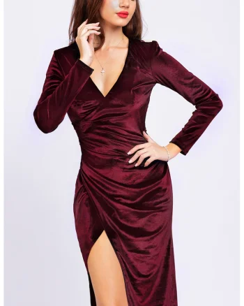 Rochie cu model cambrat si slit lateral, Visiniu