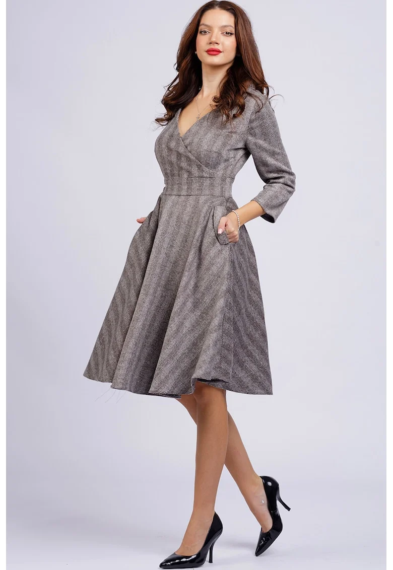 Rochie midi cu croiala in A si buzunare, Gri inchis