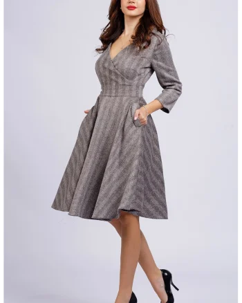 Rochie midi cu croiala in A si buzunare, Gri inchis