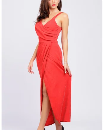 Rochie stralucitoare fara maneci cu model drapat, Rosu
