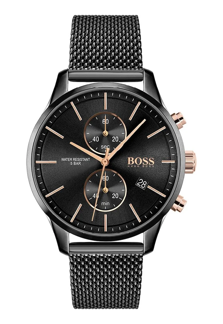 Hugo Boss, Ceas cronograf cu bratara cu model plasa, Negru