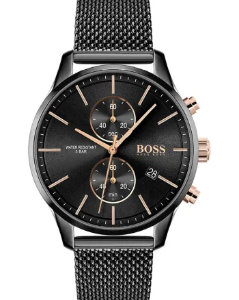 Hugo Boss, Ceas cronograf cu bratara cu model plasa, Negru