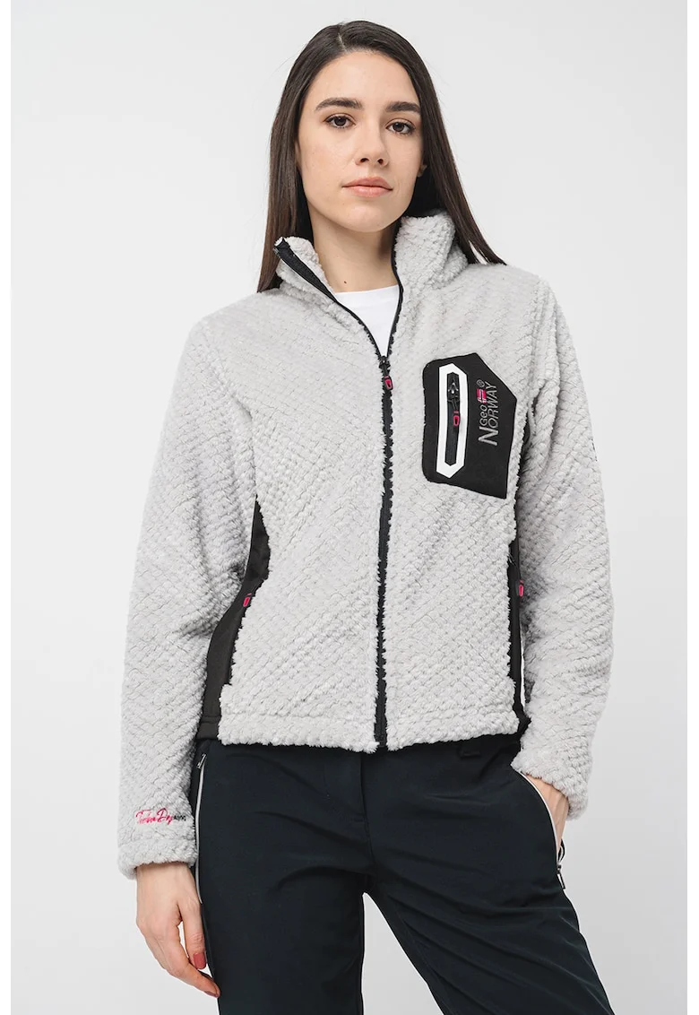 Bluza de trening cu fermoar si guler mediu, Negru/Gri deschis