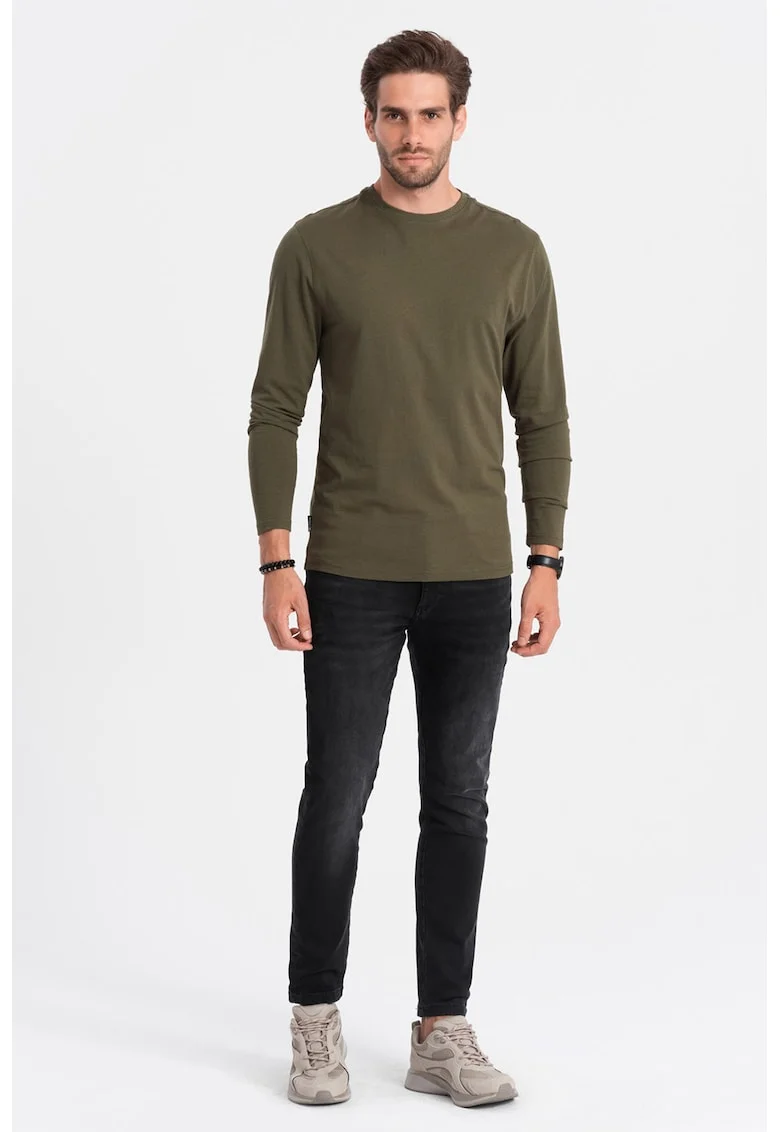 Bluza din bumbac cu decolteu la baza gatului, Verde masliniu