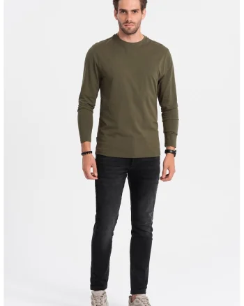 Bluza din bumbac cu decolteu la baza gatului, Verde masliniu