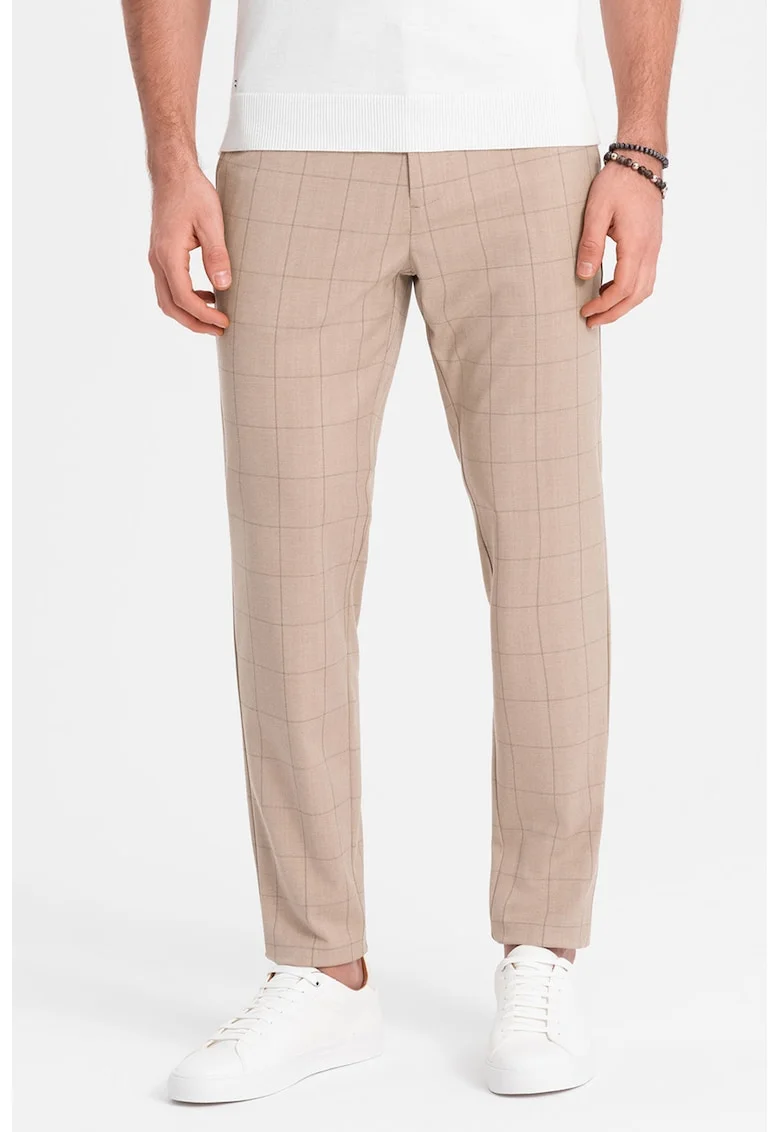 Pantaloni in carouri cu buzunare laterale, Maro nisip