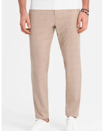 Pantaloni in carouri cu buzunare laterale, Maro nisip