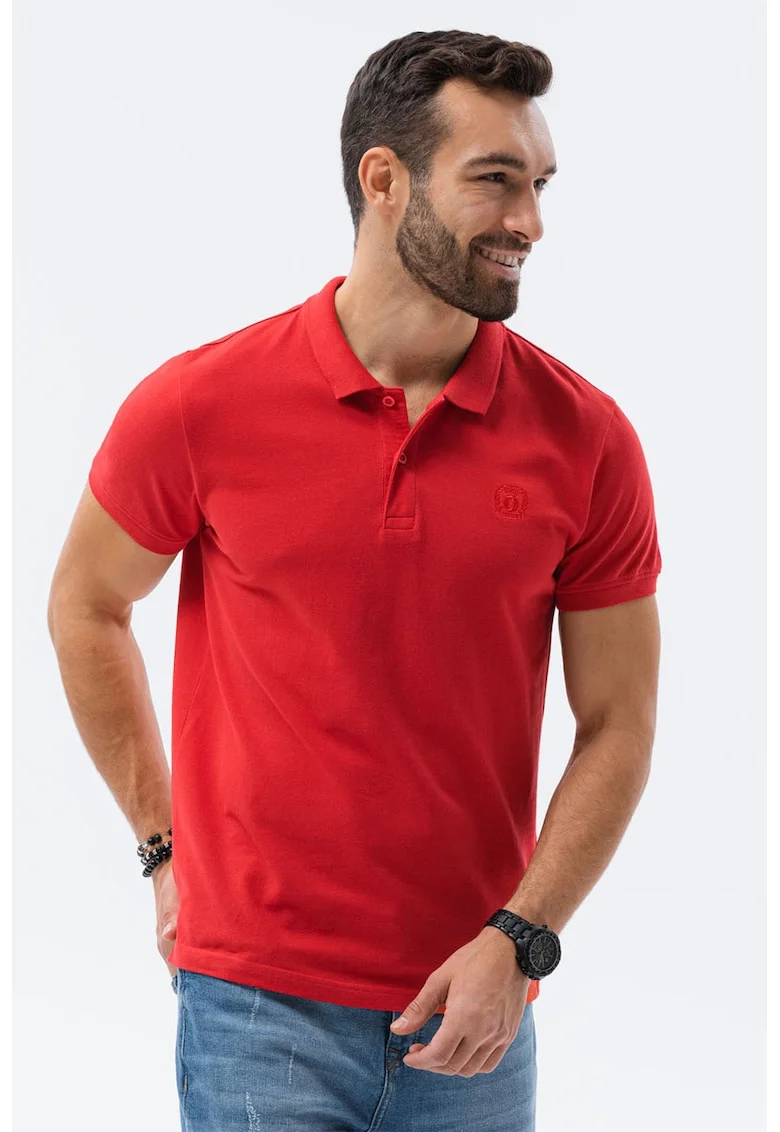 Tricou polo din bumbac cu model pique, Rosu inchis