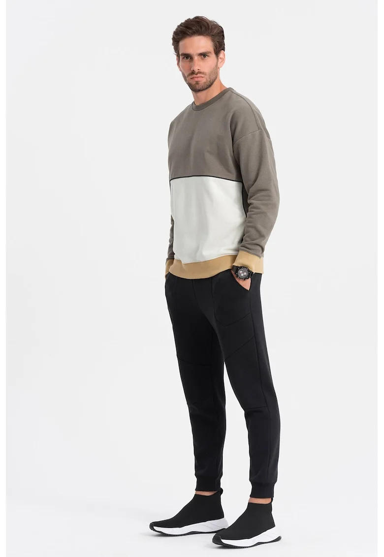 Bluza de trening cu decolteu la baza gatului si model colorblock, Alb/Bej/Kaki
