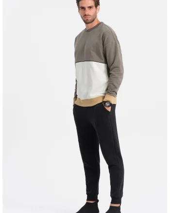 Bluza de trening cu decolteu la baza gatului si model colorblock, Alb/Bej/Kaki