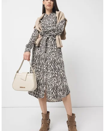 Rochie midi evazata cu maneci lungi, Alb/Gri antracit