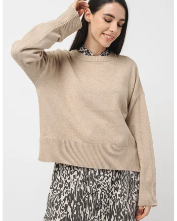 Pulover regular fit cu maneci cazute, Bej melange