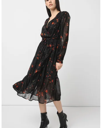 Rochie midi cu decolteu in V si model floral, Rosu/Verde/Negru