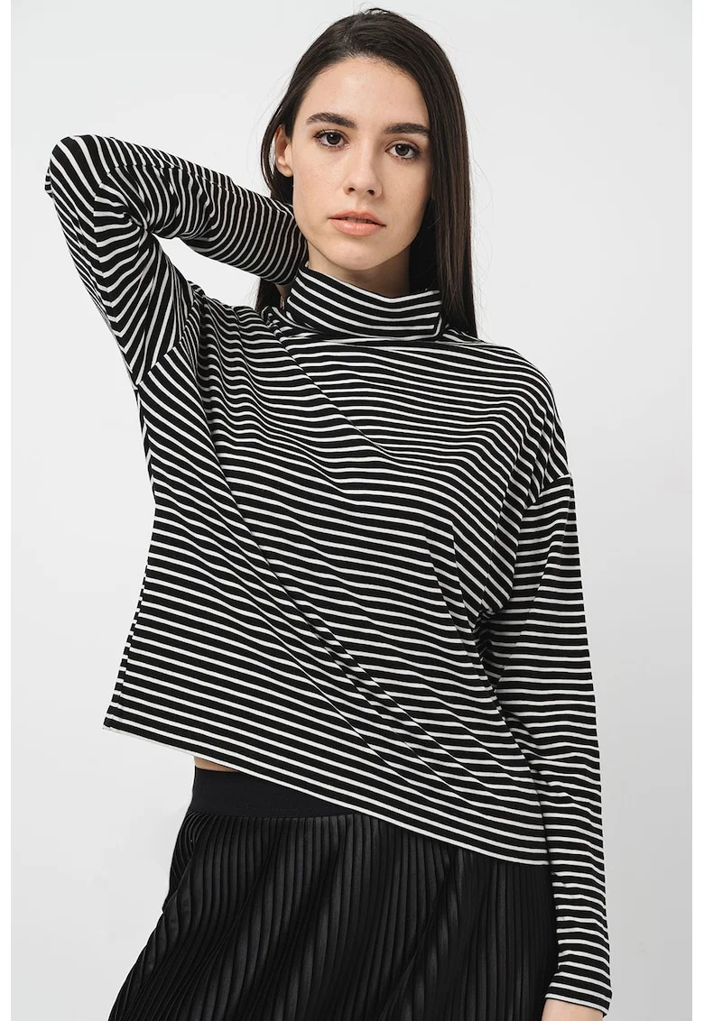 Bluza cu guler inalt si model in dungi, Alb/Negru
