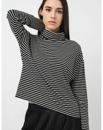 Bluza cu guler inalt si model in dungi, Alb/Negru