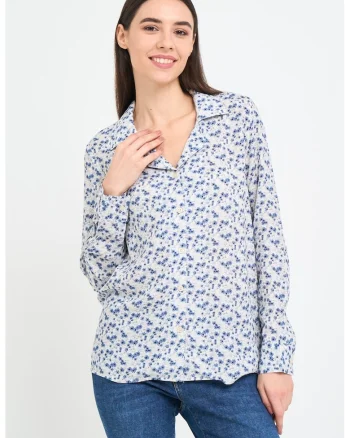 Camasa cu model floral si decolteu in V, Alb/Albastru inchis