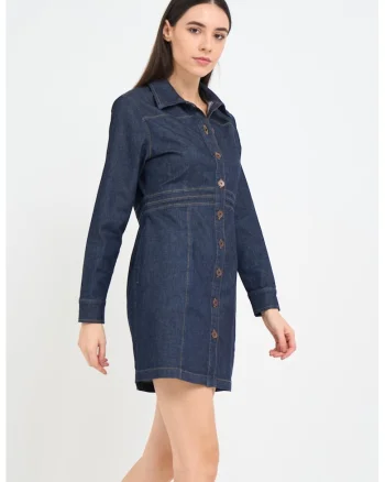 Rochie-camasa din denim cu maneci lungi, Bleumarin