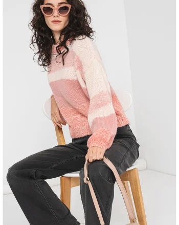 Pulover cu model in dungi Jenny, Alb fildes/Roz somon