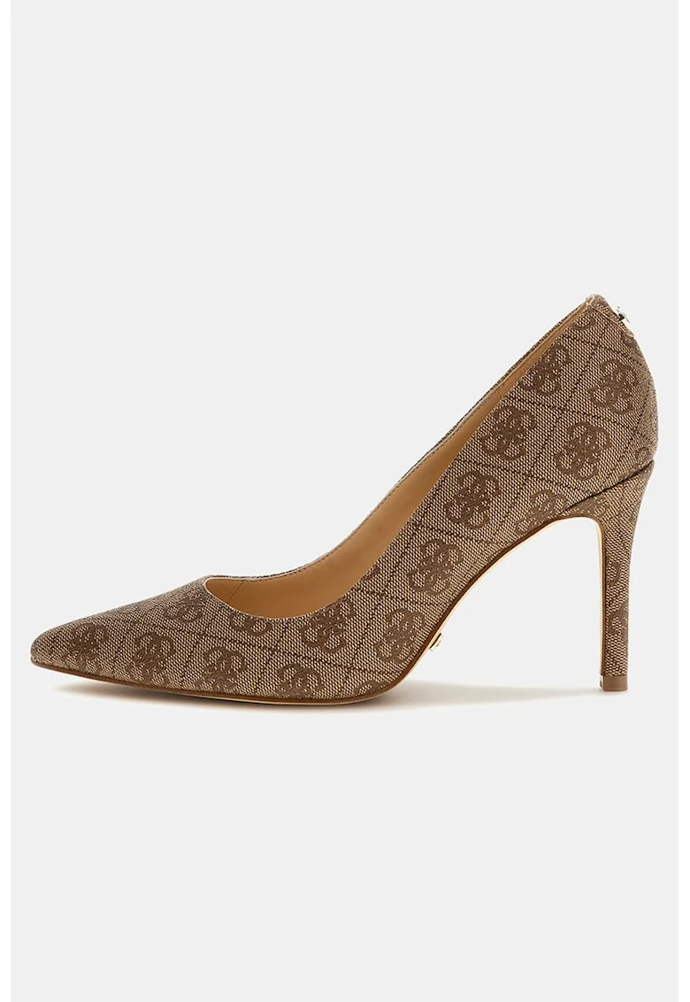Pantofi cu varf ascutit si model logo Rica, Maro/Bej