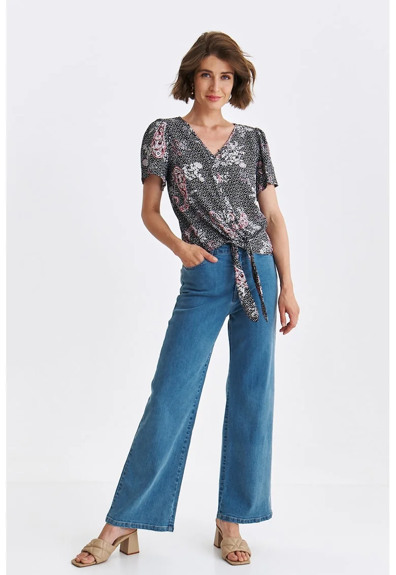 Bluza cu model, decolteu in V si nod frontal, Alb/Negru/Roz