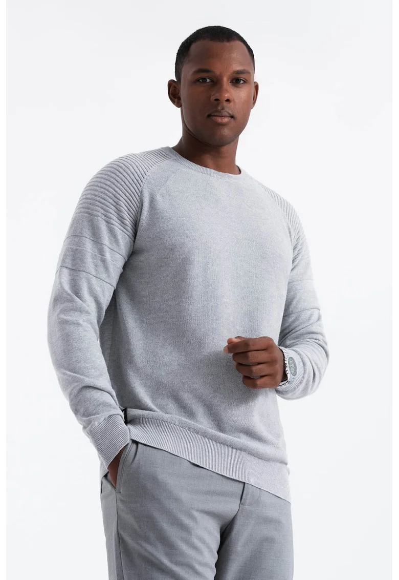 Pulover cu decolteu la baza gatului si maneci raglan, Gri deschis melange
