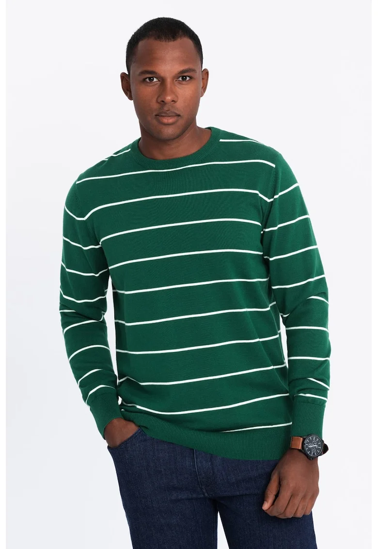 Pulover tricotat fin cu dungi, Verde