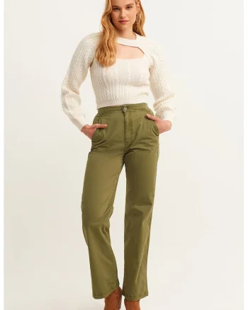 Pantaloni drepti cu talie inalta, Verde masliniu