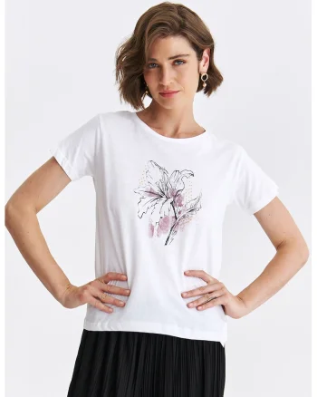 Tricou din bumbac cu imprimeu floral, Alb/Roz prafuit